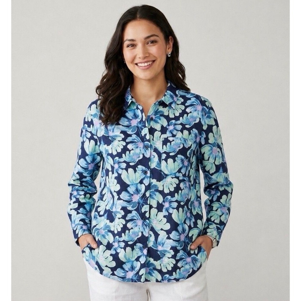 Charter Club Luxury 100% Linen Floral Button Down Shirt Plus 3X Blue NWT